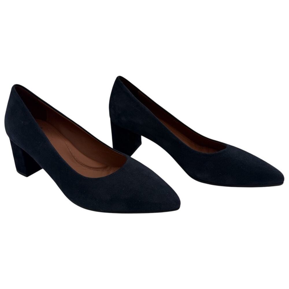 Aquatalia Kari Weatherproof Pointed Toe Navy Blue Suede Pumps Black Heel Size 9